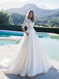 Tea length wedding dresses for simple elegance. Modest A Line Wedding Dress Satin Lace Sleeves With Pockets