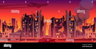War on Ukraine concept, destroyed Ukrainian city in fire, abandoned burning  broken buildings, urban infrastructure with smoke and flame. Bomb  destruction, military campaign cartoon vector illustration Stock Vector  Image & Art -