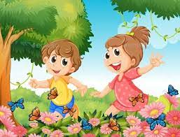 Boy And Girl Playing With Butterflies In Garden Girls Play Drawing For Kids Cartoon Illustration