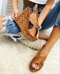 Burnished vegan leather forms a single toe strap, and cutout quarter strap. Leather Wedge Sandals Camel Women Shoes Hop Hop Shop