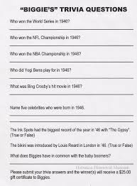 Put your film knowledge to the test and see how many movie trivia questions you can get right (we included the answers). Trivia Question Answer Sheets For Biggie S Clam Bar 60th Anniversary Celebration At 318 Madison St Hoboken Sept 17 2006 Documents