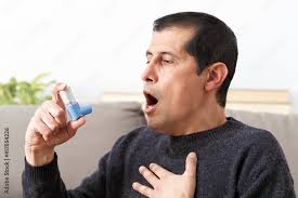 Poster Man holding inhaler with asthma attack suffocating sitting