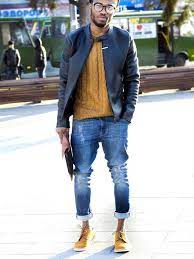 Men S Black Leather Bomber Jacket Mustard Cable Sweater Blue Ripped Skinny Jeans Mustard Suede Brogues Black Leather Bomber Jacket Leather Jacket Men Bomber Jacket