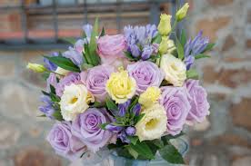 Yellow and purple roses wedding bouquets. Purple Yellow And Ivory Bridal Bouquet