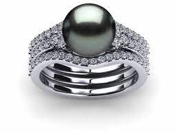 Tahitian Pearl Deluxe Princess Ring Wedding Band Set Pearl Wedding Ring Tahitian Pearl Wedding Ring Wedding Ring Bands