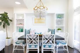 Find the latest trends, styles and deals with free delivery and warranty available! Coastal Dining Room With Dark Wood Table White Chairs With Patterned Blue Cushions And Bench Seat With Surrounding Shelves Hgtv