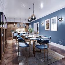 Tufted dining room chairs round trestle reclaimed wood dining table. Large Dining And Dining Room Table With A Kitchen In A Fashionable Stock Photo Picture And Royalty Free Image Image 150374053