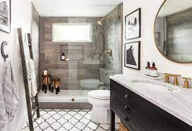 Farmhouse Bathroom Featuring Off White Walls Marble Flooring Wood Like Shower Tile Bathroom Farmhouse Style Small Farmhouse Bathroom Farmhouse Bathroom Decor