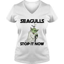 Stop it now! everyone told me not to stroll on that beach said seagulls gonna come poke me in the coconut and they did and they did had me goin' like nothing i could do but yell when these birds attacked me when i tried to run i fell and then these kids start laughing and then Seagulls Stop It Now Ladies V Neck By Robqsq72 Teeshirt21