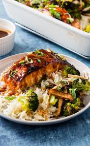 One Pan Salmon With Rice Broccoli And Shiitake Mushrooms Cook S Country Recipe In 2020 Salmon And Rice Stuffed Mushrooms Cooks Country Magazine