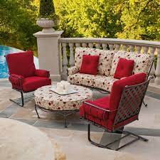 Traditional Iron Chairs With Cream Flower Pattern Cushion And Red Cushion From W Clearance Patio Furniture Patio Furniture Cushions Wicker Patio Furniture Sets