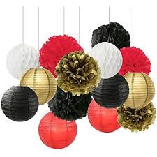 Black And Gold Pom Poms Decorations Black White Red Gold Tissue Paper Pom Pom Paper Flower Ball Decoration Paper Lantern Tissue Gold Party Decorations Gold Graduation Party Red Party Decorations