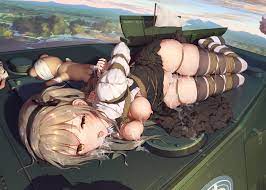 1girls after sex areolae arms behind back bandage bangs black  legwear black skirt blue sky blush boko (girls und panzer) bondage bound  breasts breasts out brown eyes cloud collared