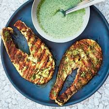 Grilled Salmon Steaks With Cilantro Garlic Yogurt Sauce Recipe Salmon Steak Recipes Salmon Recipes Salmon Steak