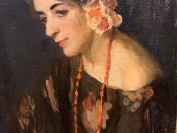 This painting is called the "Spanish Girl" by Martha E. Simkins and was  painted in 1925. That was just 5 years after women were granted the right  to vote when Martha E.