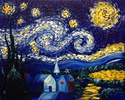 Cypress trees are painted on the side of the foreground and there is a structured village in the background. Van Gogh S Starry Night Sat Jun 25 7pm At Woodlands