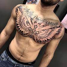 Amazing Artist Dean Fitzgerald Dean Fitzgerald From Boston Awesome Cross Sky Wings Chest Tattoo Art Spo Chest Tattoo Men Cool Chest Tattoos Tattoos For Guys