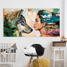 Wall Art Canvas Animal Oil Painting Wolf And Girl Wall Pictures No Frame Wolf Wall Art Painting Canvas Art