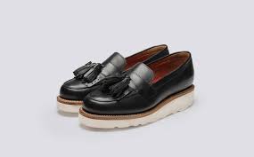 Black And White Loafers With Tassels Womens Loafer In Black Calf Leather With A White Wedge Sole Clara Grenson Shoes Three Quarter View Grenson Shoes Womens Loafers Black Shoes