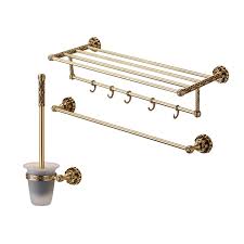 Draw inspiration from the surrounding fixtures, hardware, and decor to make the selection process easier. Gold Brushed Brass Antique Shelf Bathroom Hardware Accessories Sets