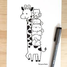 Cute And Funny Drawing Of A Cat Pile Riding A Giraffe Cute Doodle Art Doodle Art Designs Doodle Drawings