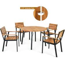 Whatever your choice, you're sure to find the perfect dining set to make your backyard eating space simply enchanting. Costway Hw65221 5pcs Patio Dining Chair Set Acacia Wood Round Table W Umbrella Hole Garden Deck