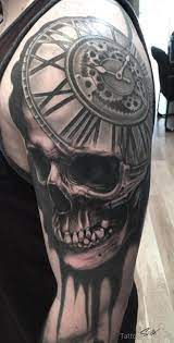 Skull And Clock Tattoo Design On Half Sleeve Tb12153 Clock Tattoo Design Clock Tattoo Sleeve Tattoos
