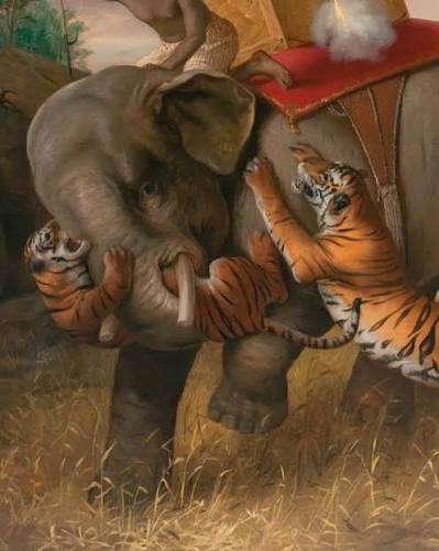 Tiger Hunting, (“Tigerjagd”) Attributed to Briton Rivière (1840–1920) 47.6x42.5 in Collection Unidentified location This is a gripping and violent scene, painted with meticulous attention to drama and detail. Attributed to Briton Rivière (