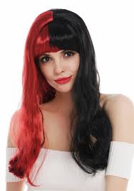 Black hair is a very sultry and chic color, but it doesn't suit everyone. 6820739 Fr103 12 Wig Carnival Cosplay Women Long Wavy Fringe Black Red Half And Half Parted