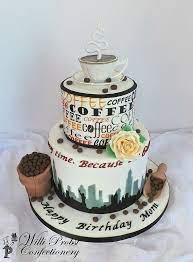 Coffee Themed Birthday Cake With Fondant Decor And Edible Print And Airbrushing Themed Birthday Cakes Themed Cakes Fondant Cakes