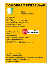 Jadi, untuk kamu yang ingin melamar bekerja, selain belajar. Info Lowongan Kerja Margorejo Pati Sebagai Admin Instruktur Stir Mobil Di Lkp Este Komputer Pati Lowongan Kerja Kudus Terbaru 2021