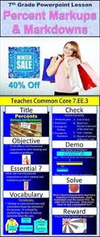 Seventh Grade Percent Markups And Markdowns Teaches Students How To Find The Percent Markup Or Markdown On A Give Powerpoint Lesson Math Resources Math Lessons