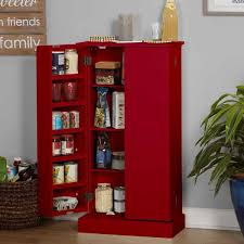 red wooden kitchen pantry cabinet