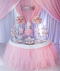 Pink Princess Dessert Table With Opulent Treasures White Cake Stands Jpg Baby Shower Cake Table Baby Shower Princess Princess Baby Shower Cake