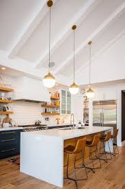 Mid Century Kitchen With White And Blue Cabinets And Open Shelving Kitchen Kitchendesign Kitchendecor Modern Kitchen White Modern Kitchen Kitchen Remodel