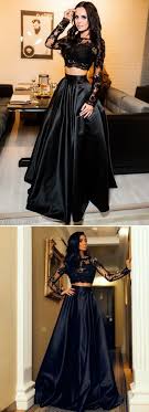 Two Piece A Line Black Long Prom Dress With Long Sleeves Prom Dresses For Teens Black Lace Prom Dress Prom Dresses Long With Sleeves