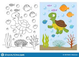 The coloring sheet about swimming activity. Turtle Coloring Pages Cartoon Swimming Seamals Underwater Vector Illustration Kids Book Baby Approachingtheelephant