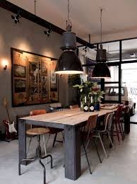 Industrial Wooden Stool And Metal Dining Chairs In Industrial Dining Room The Oversiz In 2020 Dining Room Industrial Industrial Dining Room Lighting Industrial Dining