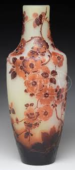 Galle Japanese Cherry Blossom Vase Galle Cameo Glass Vase Is Decorated With Maroon And Orange Japanese Cherry Blossoms Which Encircle The Vase Against A Froste