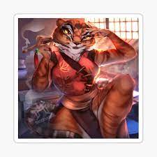 Tigress fanart <3 tigress steals a moment to admire her own beauty in the mirror as she picks between colored glass & gold hair clips. Master Tigress Fanart Sticker Von Monocromatica1 Redbubble
