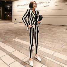 Black And White Striped Suit Womens 2019 Women Blazer Set Korean Black White Striped Double Breasted Women S White Trousers Suits For Women Blazers For Women