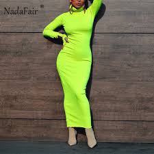 Nadafair الشارع الشهير النيون الياقة المدورة فستان المرأة عالية الخصر طويلة الأكمام ميدي Bodycon فساتين الشتاء الخريف قلم رصاص فستان طويل في فساتين من ملابس نسائية على Www Unohama Club Store
