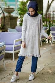 Insirah Gri Firfirli Triko Tunik Hijabi Musluman Modasi Moda Stilleri Triko