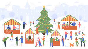 Christmas decoration outdoor images clip art. Christmas Market Holiday Fair Cartoon People Walking On Decorated Outdoor Stalls And Buying Wine Food And Christmas Souvenirs Vector Colorful Illustration New Year Tree Decoration Present Boxes Royalty Free Cliparts Vectors And