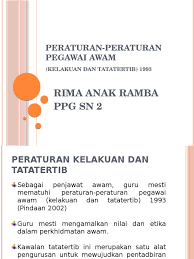 Jabatan perkhidmatan awam malaysia (jpa) sukacita memaklumkan beberapa perkara yang berkaitan pengurusan tatatertib dalam perkhidmatan awam seperti berikut: Peraturan Peraturan Pegawai Awam