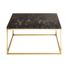 Four cube ottomans/stools with removable lids and internal storage compartments and caster wheels, rich dark brown wood effect paper veneer over a lapped chipboard frame, and a shelf underneath the tabletop. Artefacto Dark Petrified Wood Square Coffee Table Iron Petrified Wood Gold Clanbay