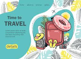 concevoir une bannière touristique avec un palmier, une mer, un sac à dos,  un parasol, un avion pour un blog touristique populaire, une page de  destination ou un site Web touristique. illustration