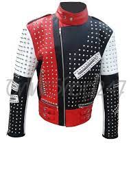 Genuine Studded Leather Jacket Red White Black Zippered Spiked Leadstyle Handmade Silv Red Leather Jacket Men Leather Jacket Style Men S Leather Jacket
