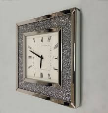 Square Diamante Crystal Jewel Mirror Hanging Analogue Wall Clock 50x50cm
