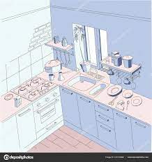 Kitchen, anime background style, blue and pink color Stock Vector by ©hdinc  310176982